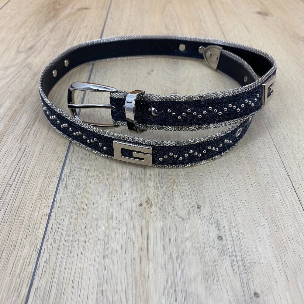 G By Guess Studded Silver Tone & Charcoal Belt Sz 32-36​​​​​​